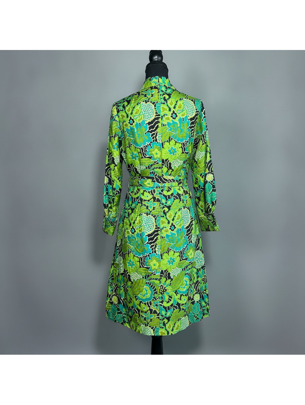 Vintage 70s Retro Silk Long Sleeve Belted Shirt Dress Green Floral Midi S/M Mod - Picture 11 of 12